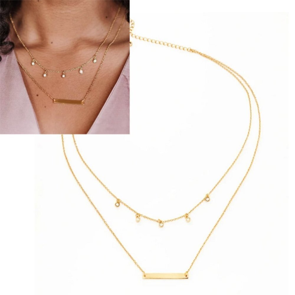 Fosterie Gold Layered Gem Necklace Gold Plated Dainty Chain Bar Pendant New NWT.